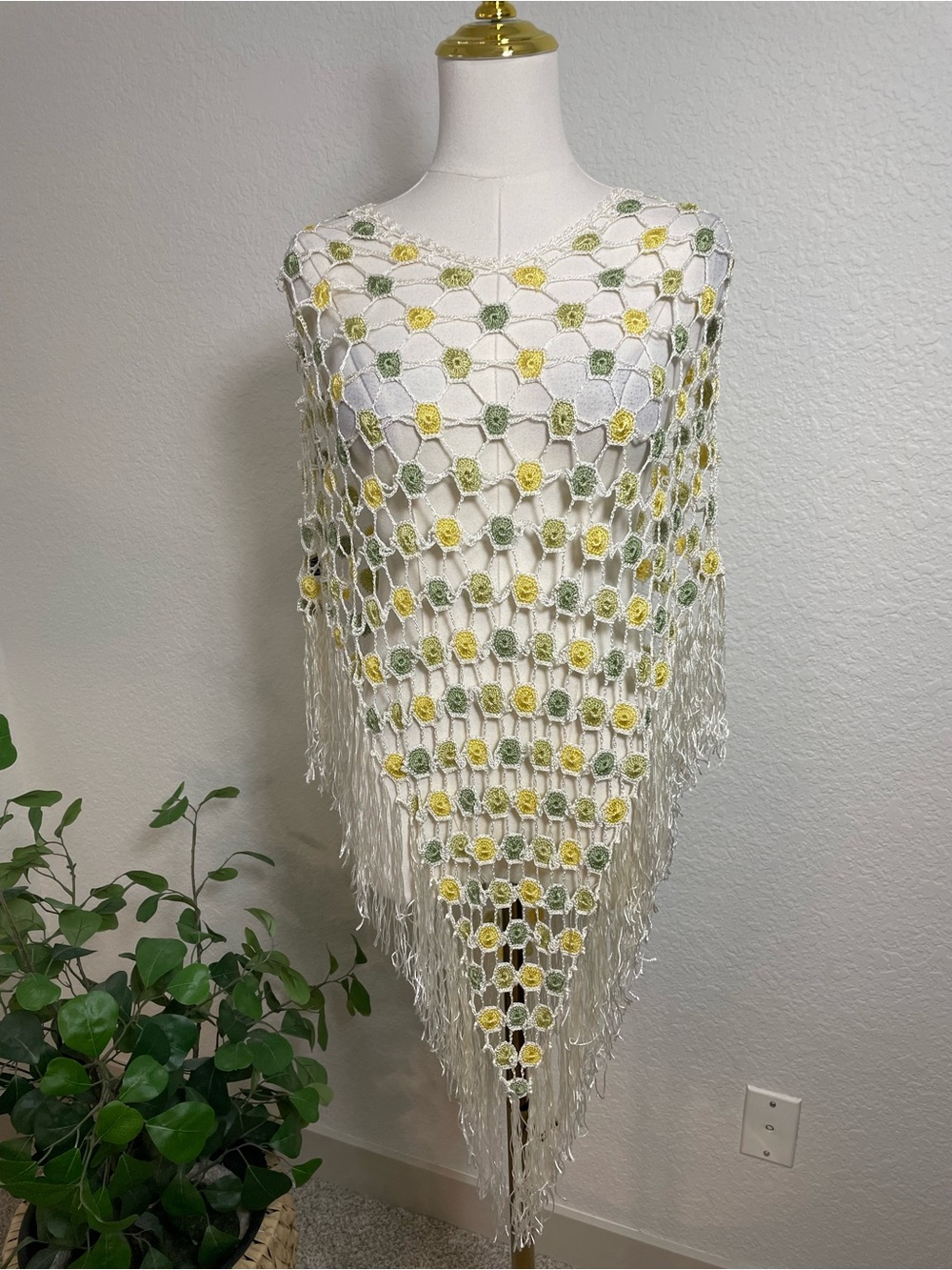 Crochet Fringe Poncho Ivory Green Yellow Open Knit Boho Festival One Size